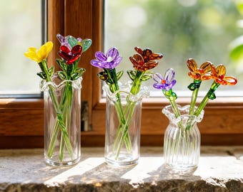 Mini Glass Flower Bouquet, Glass Flower Figurine, Handcrafted Glass Flower Decor, Set-Birth Month Flowers, Home Decor Gift, Gift for Mom