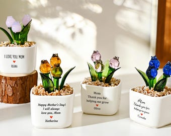 Personalized Glass Tulip Flower Pot, Mother's Day Gift, Hand Blown Everlasting Tulips, Glass Flower, Perosnalized Gifts, Thank You Mom Gift