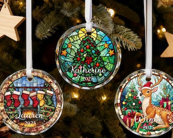 Faux Stained Glass Christmas Ornament, Vintage Glass Christmas Keepsake with Name and Date, Cute Christmas Tree Decor, Personalized Gifts