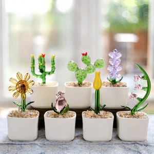 Könnte beinhalten: Eine Sammlung von Glasblumen- und Kaktusskulpturen in kleinen weißen quadratischen Töpfen. Zu den Glasblumen gehören eine Sonnenblume, eine Rose, eine Tulpe und eine lavendelartige Blume. Die Kakteen sind grün mit roten Akzenten.
