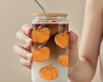 Fall Pumpkin Glass Coffee Cup, Personalized Autumn Cup With Lid and Straw, Fall Coffee Mug, 16oz Can Glass Cup, Fall Pumpkin Season Design