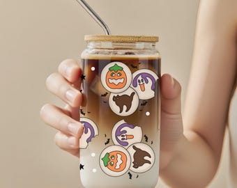 Halloween Cookies Cute Cup, Fall Iced Coffee Tumbler with Lid and Straw, Spooky Season Gift, Halloween Gift for Her