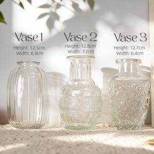 May include: Three clear glass vases of varying designs are displayed. Vase 1 is 12.5cm tall and 6.9cm wide, with vertical ridges. Vase 2 is 12.8cm tall and 7.2cm wide, with an ornate pattern. Vase 3 is 12.7cm tall and 6.4cm wide, with a geometric design.