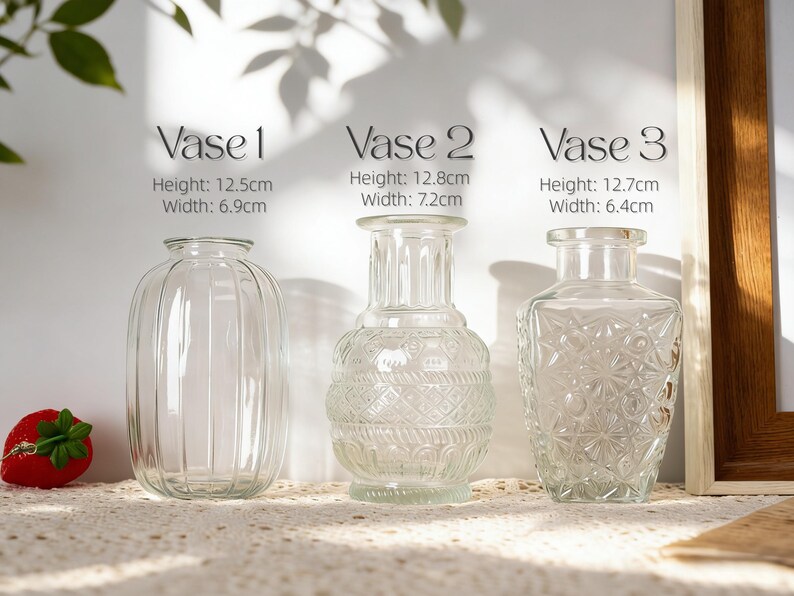 May include: Three clear glass vases of varying designs are displayed. Vase 1 is 12.5cm tall and 6.9cm wide, with vertical ridges. Vase 2 is 12.8cm tall and 7.2cm wide, with an ornate pattern. Vase 3 is 12.7cm tall and 6.4cm wide, with a geometric design.