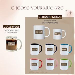 Puede incluir: Imagen que muestra varias tazas. Tazas de cer&aacute;mica en blanco, con detalles en negro, azul, rojo, rosa y verde, se muestran junto a una taza de vidrio. Los tama&ntilde;os incluyen 325 ml, 384 ml y 444 ml. El texto dice "CHOOSE YOUR MUG SIZE".