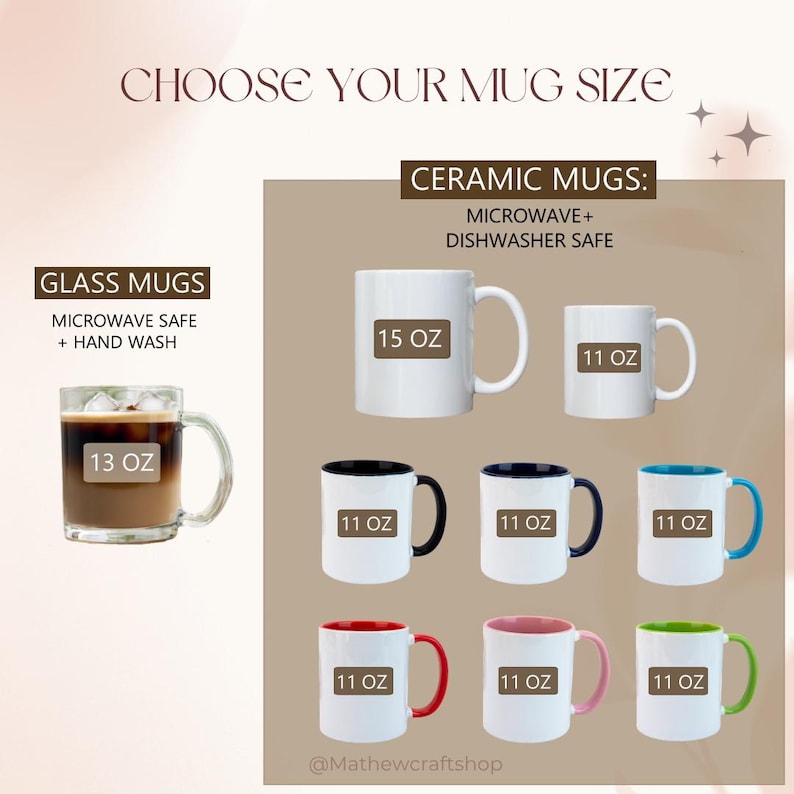 Puede incluir: Imagen que muestra varias tazas. Tazas de cer&aacute;mica en blanco, con detalles en negro, azul, rojo, rosa y verde, se muestran junto a una taza de vidrio. Los tama&ntilde;os incluyen 325 ml, 384 ml y 444 ml. El texto dice "CHOOSE YOUR MUG SIZE".