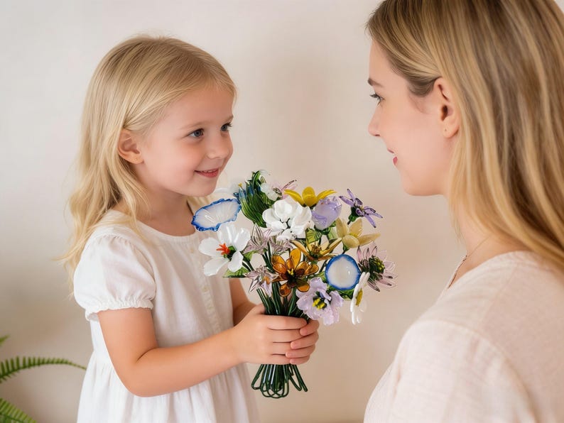 May include: A young girl in a white dress presents a colorful bouquet of glass flowers to a woman. The bouquet includes white, blue, yellow, and purple flowers, held together with green wire. The woman is wearing a light-colored top.