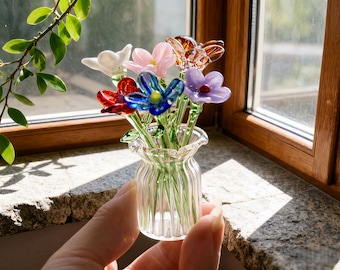 Miniaturowy szklany kwiat, ręcznie robiony bukiet kwiatów na miesiąc urodzin, szklana figurka kwiatu, prezent dla mamy, wystrój domu, pamiątkowe prezenty urodzinowe