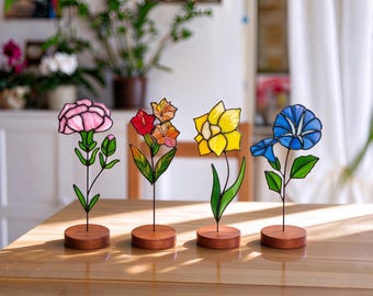 Geburtsblumen-Pflanzenstecker aus Buntglas, Geburtsblumengeschenk, handgefertigter Sonnenfänger, Blumengartenkunst, Geschenk für Mama/Oma, Weihnachtsgeschenk für sie