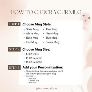 Puede incluir: Una gu&iacute;a titulada "C&Oacute;MO PEDIR TU TAZA" con pasos para elegir el estilo, tama&ntilde;o y personalizaci&oacute;n de la taza. Los estilos de taza incluyen vidrio, rosa, blanco, azul marino, negro, azul, rojo y verde. Los tama&ntilde;os son 384 ml de vidrio, 325 ml de cer&aacute;mica y 444 ml de cer&aacute;mica.