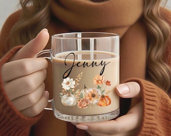 Fall Glass Coffee Mug, Fall Pumpkin Coffee Mug for Home, Halloween Coffee Mug, Fall Gift, Fall Home Decor, 13oz Glass Cup, Autumn Drinkware