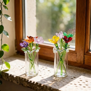 Mini ramo de flores de vidrio, mini figura de flor, regalos conmemorativos de cumpleaños, figura de borosilicato artesanal, decoración del hogar