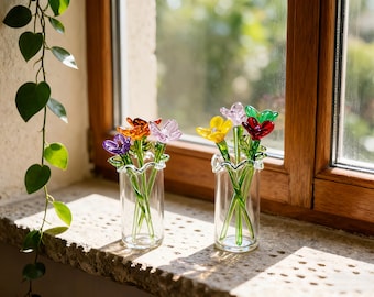 Mini Glass Flower Bouquet, Mini Flower Figurine, Birthday Commemorative Gifts, Handcrafted Borosilicate Figurine, Home Decor