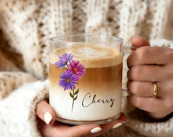 Mug en verre personnalisé fleur de naissance, mug nom floral personnalisé pour demoiselle d'honneur, cadeau proposition de demoiselle d'honneur, cadeau d'anniversaire pour meilleure amie