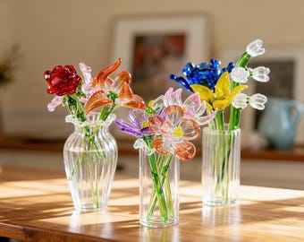 Handmade Glass Birth Month Flower, Personalized Stained Flower Bouquet Glass Gift, Birthday Gift for Mom/Grandma, Home Decor, Birth Flower