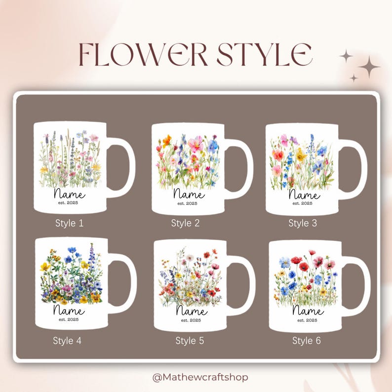 Puede incluir: Tazas de cer&aacute;mica blancas con dise&ntilde;os florales. Cada taza presenta un arreglo floral diferente, con la palabra "Name" y el a&ntilde;o "est. 2028" impresos en la parte delantera. El texto "FLOWER STYLE" est&aacute; en la parte superior.