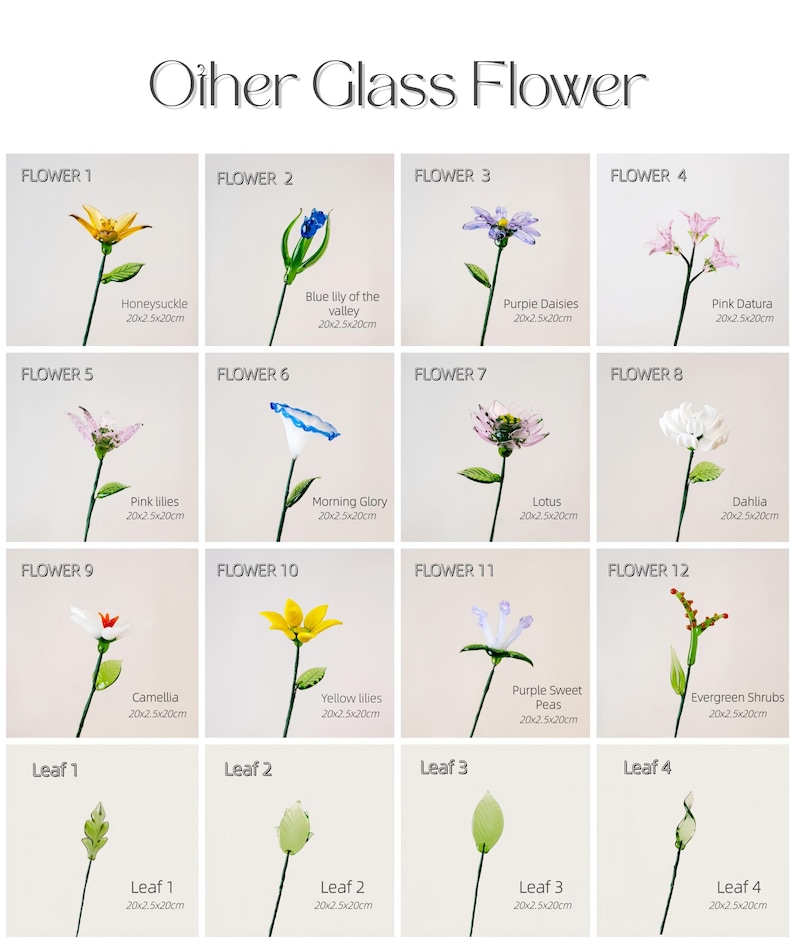 May include: A grid of glass flowers, each with a stem and leaves, labeled with names like Honeysuckle, Pink Lilies, and Camellia. The text "Other Glass Flower" is at the top. Each flower is approximately 7.87 x 0.98 x 7.87 inches.