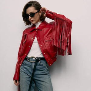 Women Genuine Lambskin Leather TASSEL Jacket | Red Color FRINGE Western Ladies Jacket | Designer Slim Fit Biker Jacket | Gift For Her