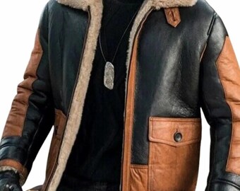 Mens Shearling Leather Bomber Jacket | Handmade Aviator Style