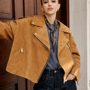 Women’s Tan Suede Biker Jacket – Cropped Moto Style Vintage Leather Coat