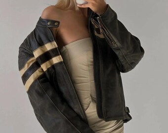 Oversized Black Leather Biker Jacket, Sheepskin Overcoat, YKK Zipper