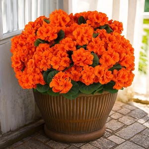 6 Bundles Orange Artificial Geranium Flowers – Outdoor UV Resistant Faux Silk Plants for Fall Decor, Home Kitchen Autumn Centerpieces