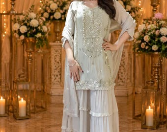 Georgette Sharara Suit for Women | Mirror Work Pakistani Salwar Kameez | Wedding Party Wear Ethnic Outfit with Dupatta Cotton salwar kameez