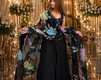 Black Anarkali Gown with Floral Organza Dupatta for Women | Designer Pakistani Party Wear Dress Cotton salwar kameez suit women salwar Gown