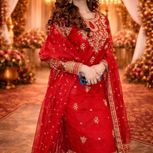 May include: A red embroidered salwar kameez with gold accents. The traditional South Asian outfit features intricate embroidery on the bodice, sleeves, and hem. The ensemble includes a matching dupatta and pants, creating a cohesive and elegant look.