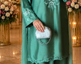 Pakistani Salwar Kameez for Women | Sea Green Silk Suit | Embroidered Party Wear Dress | Eid Outfit | Wedding Dress