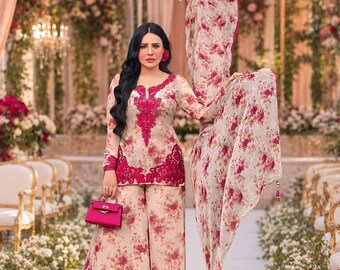 Heavy Natural Crape Silk Embroidered Kurta With Palazzo And Designer Dupatta Suit Readymade 3p Salwar Kameez Fully Stitched For Her