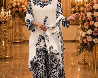 Pakistani Black & White Sharara Suit for Women | Embroidered Salwar Kameez Set with Dupatta | Wedding Party Wear Outfit