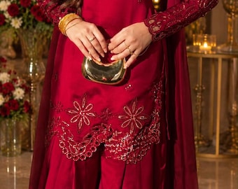Pakistani Sharara Suit for Women | Maroon Wedding Dress | Embroidered Salwar Kameez | Indian Party Wear Outfit | Eid Dress Kurti suit salwar