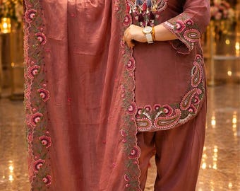 Designer Dusty Rose Pakistani Dress | Hand Embroidered Kurta Trouser Dupatta Set | Formal Party Wear Suit Kurti suit set women