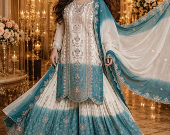 Pakistani Sharara Suit, Embroidered Salwar Kameez, Wedding Guest Dress, Indian Party Wear Palazzo Suit with Dupatta Anarkali Gown Suit kurti