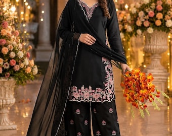 Black Pakistani Palazzo Suit for Women | Embroidered Salwar Kameez Set with Chiffon Dupatta | Wedding Party Wear Outfit