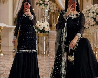 Black Pakistani Salwar Kameez for Women | Embroidered Sharara Suit | Indian Party Wear Dress | Wedding Guest Outfit | Eid Dress with Dupatta