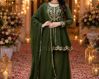 Embroidered Pakistani Palazzo Suit for Women – Elegant Wedding Guest Dress, Festive Eid Outfit, Designer Salwar Kameez with Dupatta suit set