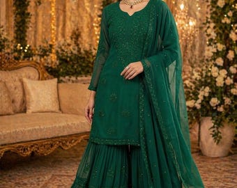 Traje Sharara para mujer, conjunto Sharara para bodas, Salwar Kameez pakistaní, ropa festiva para fiestas, conjunto Salwar bordado, trajes Salwar Kameez pakistaníes