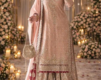 Abito Sharara pakistano da donna color rosa cipria, ricamato per matrimonio, set Sharara per donna, abito da sposa pakistano shalwar kameez