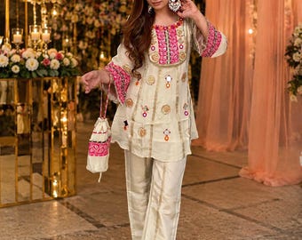 Pakistani Silk Suit for Women | Embroidered Kurta Trouser Set | Wedding Party Wear Salwar Kameez Kurta suit sets for womens shalwar kameez