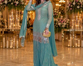 Pakistani Sharara Suit for Women | Mint Green Wedding Guest Dress | Embroidered Salwar Kameez | Indian Party Wear Outfit | Eid Dress