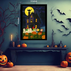 Charlie Brown Halloween Photo, Framed, Haunted House Photo, 13&quot;x19&quot;, Halloween Picture, Halloween Decor Wall Art, Cute Halloween Decorations