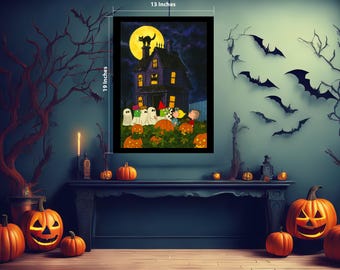 Charlie Brown Halloween Photo, Framed, Haunted House Photo, 13"x19", Halloween Picture, Halloween Decor Wall Art, Cute Halloween Decorations