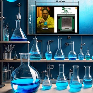 May include: A laboratory setting with various glass beakers and flasks filled with blue liquid. A framed image of a Breaking Bad prop is displayed, measuring 17 inches wide and 11 inches high. The scene evokes a chemistry or science theme.