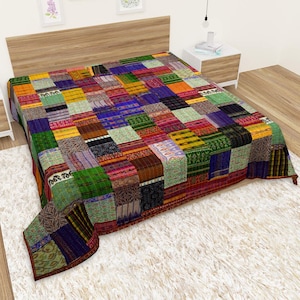 Manta de patchwork de seda hecha a mano, colcha, parches, manta, ris, edredones Kantha vintage, boho reversible