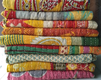 Indian Vintage multi color Cotton Kantha Quilt, Handmade Bedspread Quilts, Natural color Kantha Blanket Throw Twin Size Hand Stitched Quilt