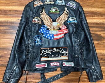 Embroidered Eagle Harley-Davidson Leather Motorcycle Jacket | Vintage Biker Riding Coat