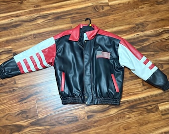 Vintage USA American Flag Faux Leather Bomber Jacket | 90s Retro Streetwear Coat