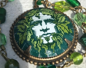 Tribute to Green Man a Cute Leafy Green Man Bottle Cap Pendant on Eclectic Mixed Green Glass Beaded Chain